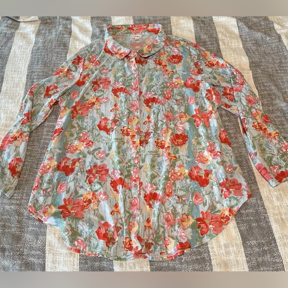 LulaRoe SZ 3XL Flowers Gold glitter details Long Sleeve Button Up Shirt